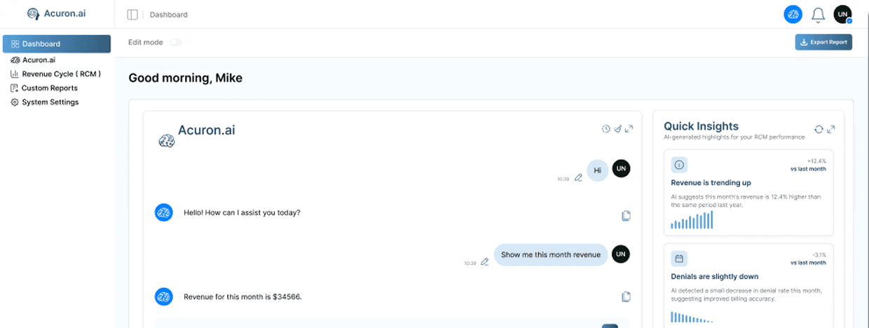 Acuron.ai dashboard — conversational revenue analytics and quick insights