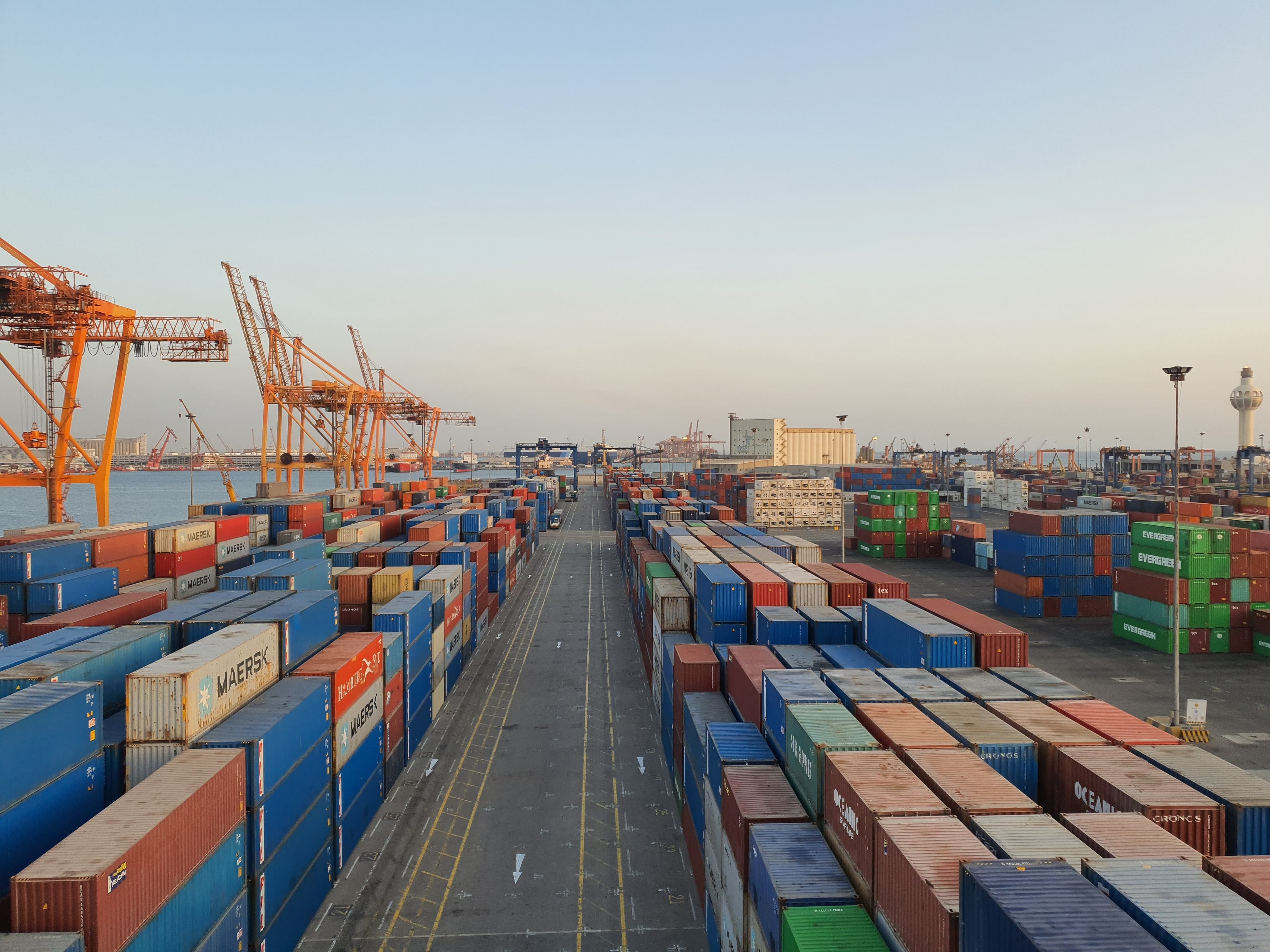 Shipping containers stacked at a cargo port