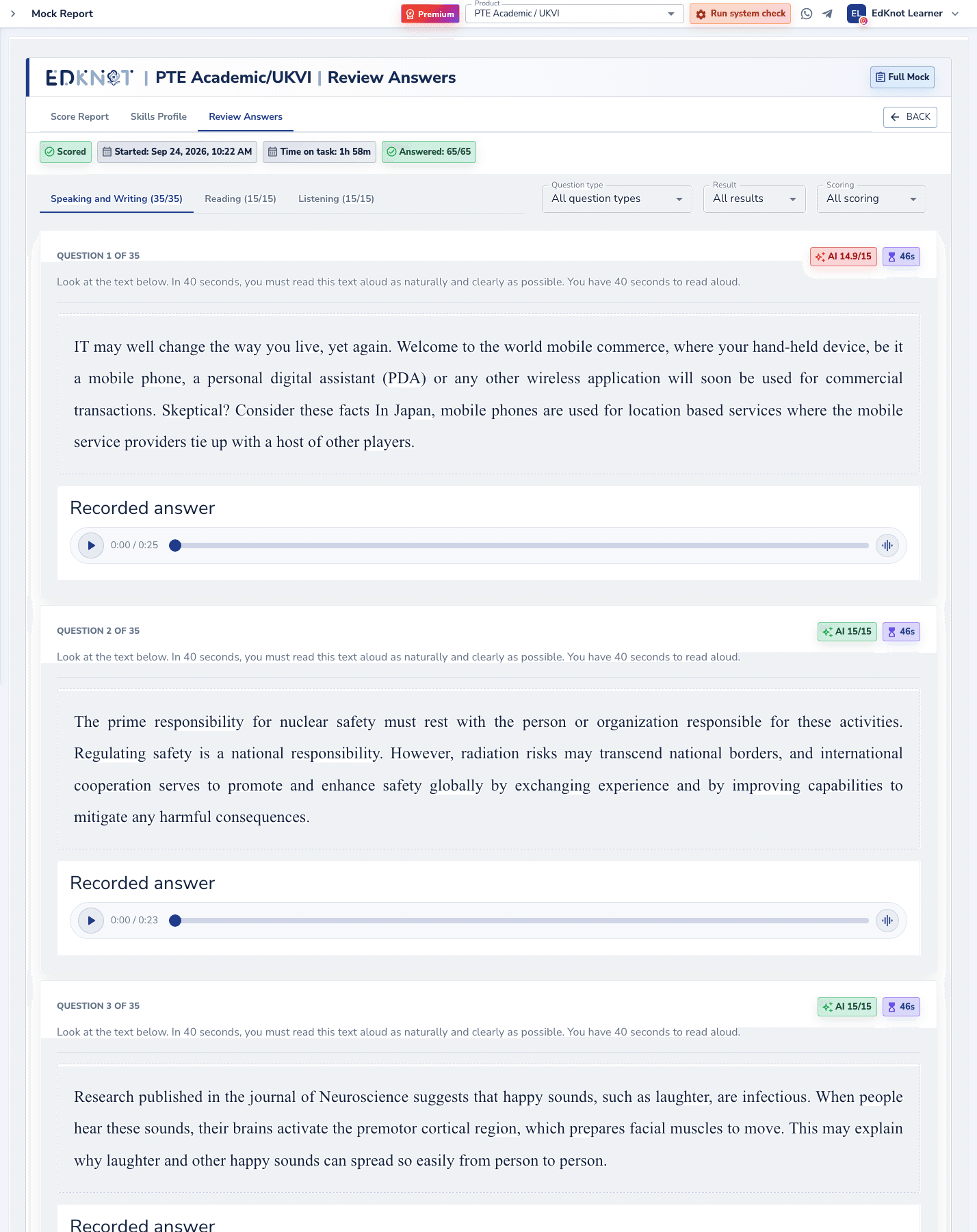 EdKnot AI scoring — response review and practice feedback