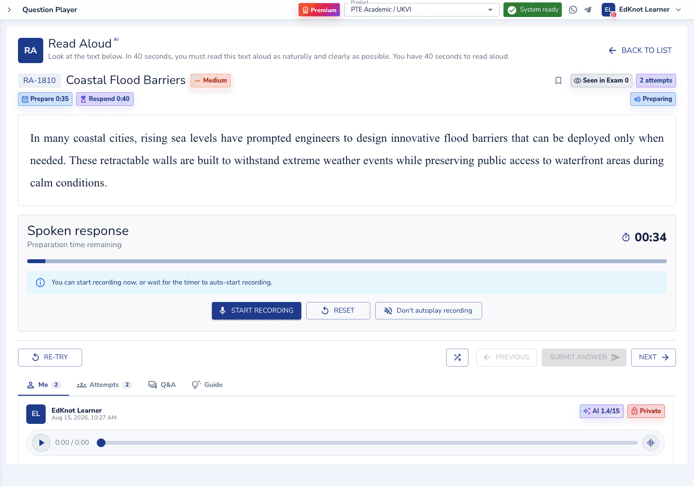 EdKnot practice player showing a Read Aloud question with spoken response timer and recording controls