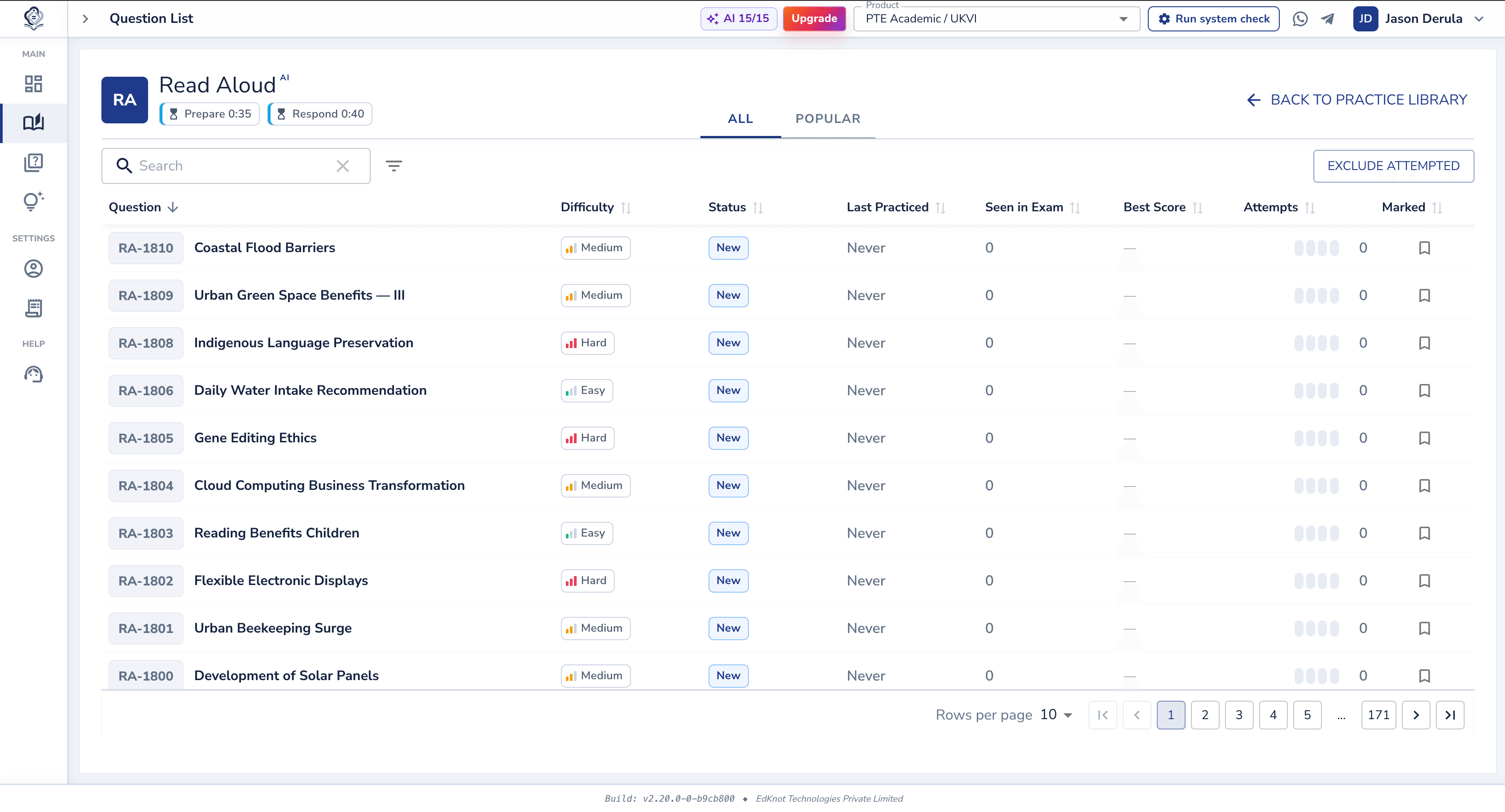 EdKnot question bank — task-based practice navigation